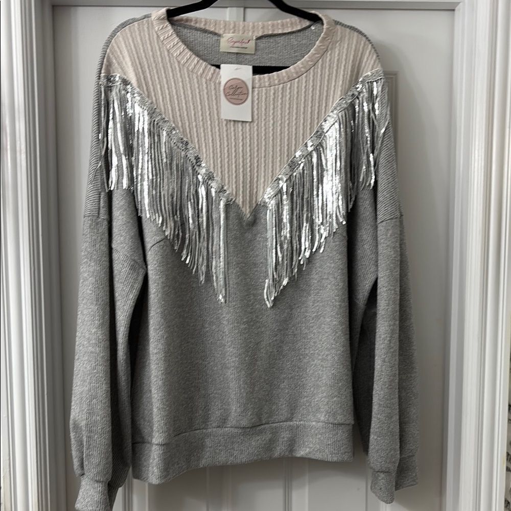 Gray & Silver Crew Neck Top with Knit Texture NWT